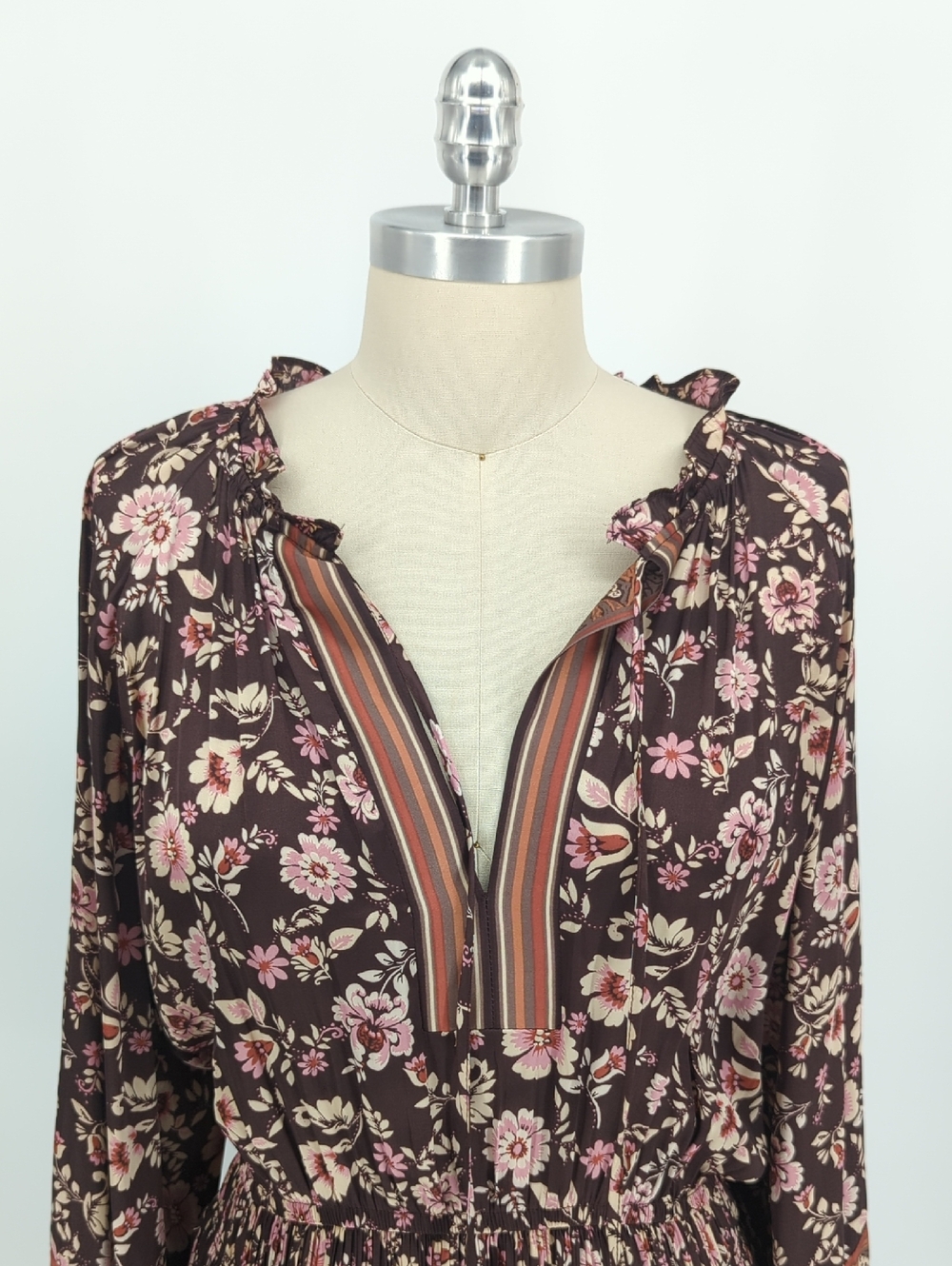00337 Current Air Floral Satin Dress Brown size Medium bohemian western rustic - Picture 3 of 8